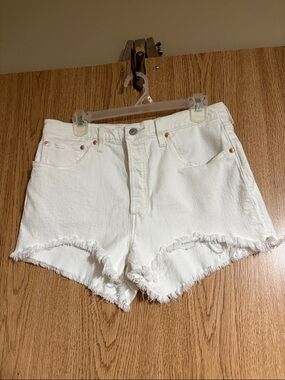 Levi's White Frayed Hem High-Rise Denim Shorts